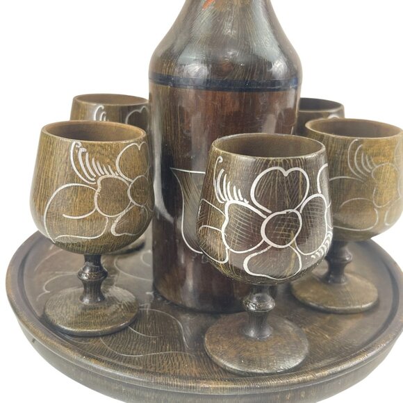 Handcrafted Wooden MCM Hand Turned Decanter Set With 6 Floral Etched Goblets & R - Picture 7 of 12